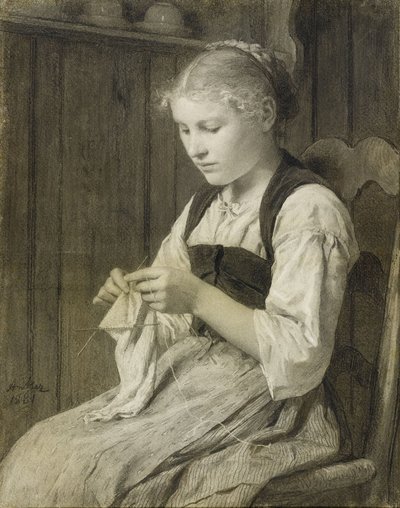 Strickendes Mädchen von Albert Anker